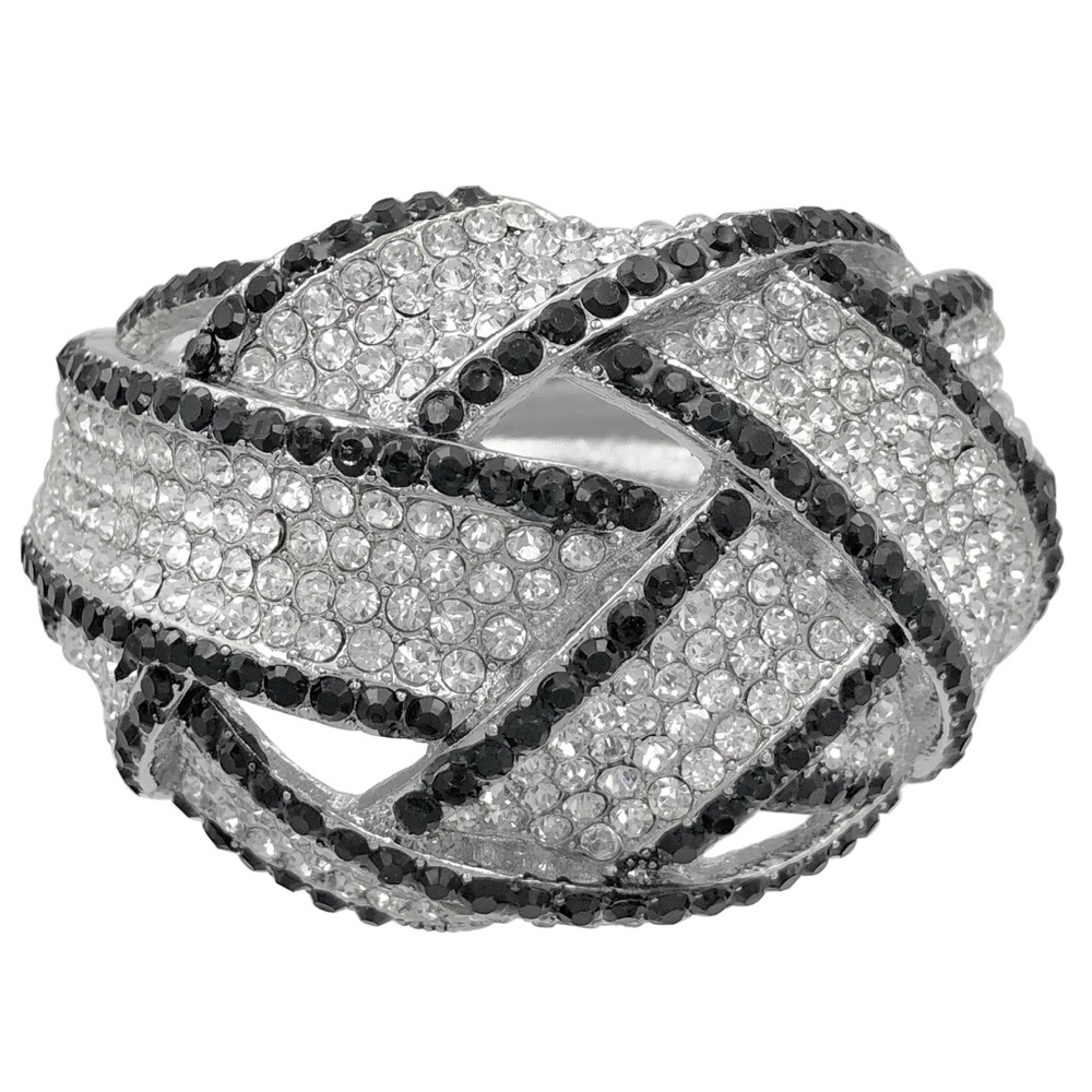 Chunky Clear & Black Rhinestone Lines Hinged Silver Bangle Bracelet